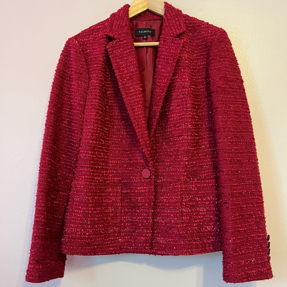 Talbots Jackets & Blazers - Talbots Woven Tweed Jacket Blazer Women's 12 Silk Wool Trim Red Pink Holiday New